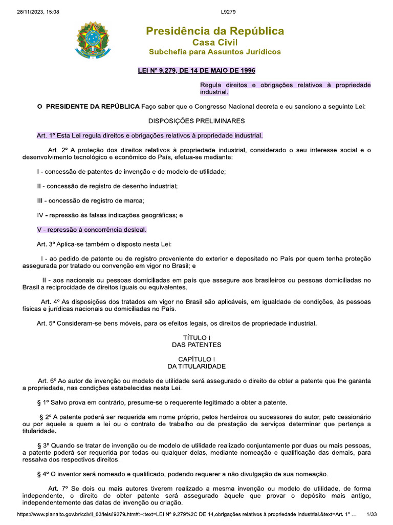 Lei 9279 96 direitos e obriga es propriedade industrial pdf