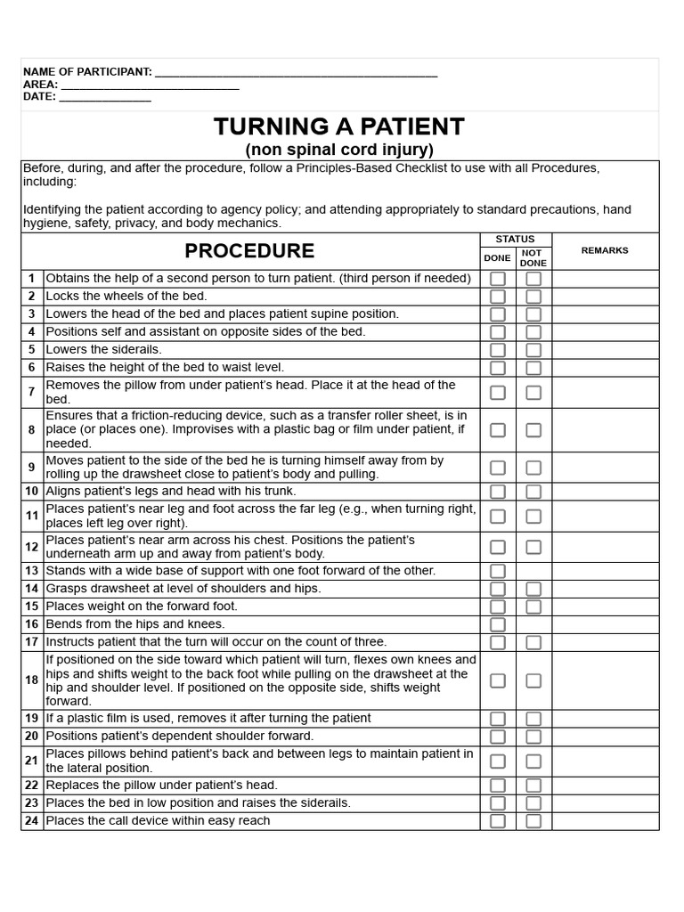 Patient Turning Procedure Checklist | PDF | Foot | Anatomical Terms Of ...