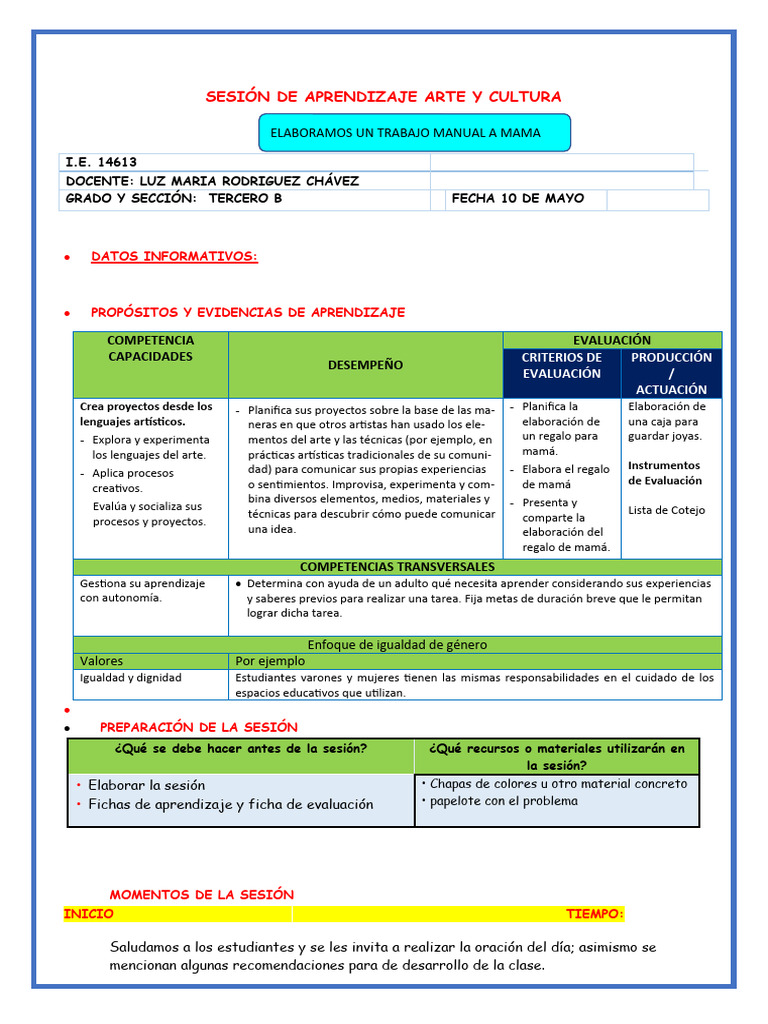 Sesion de Arte y Cultura Miercoles 10 de Mayo | PDF | Evaluación ...
