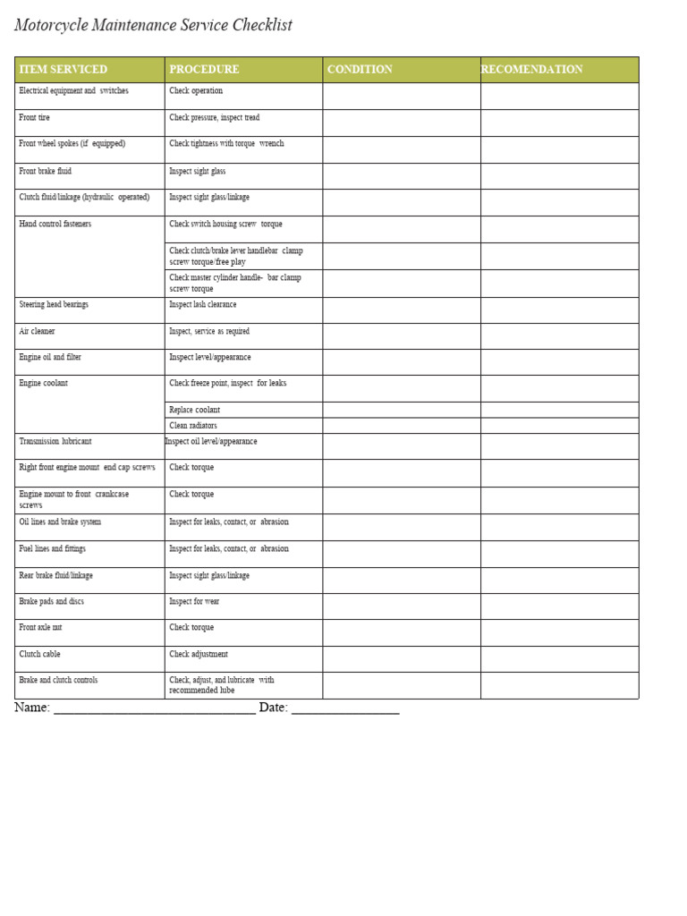 Motorcycle Maintenance Service Checklist | PDF | Clutch | Brake