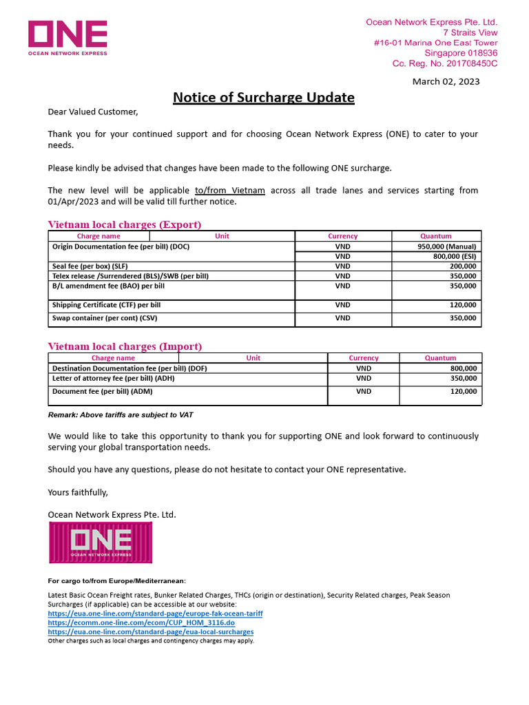 Surcharge Customer Advisory ONE (VIETNAM) WEF. 01 April 2023 | PDF