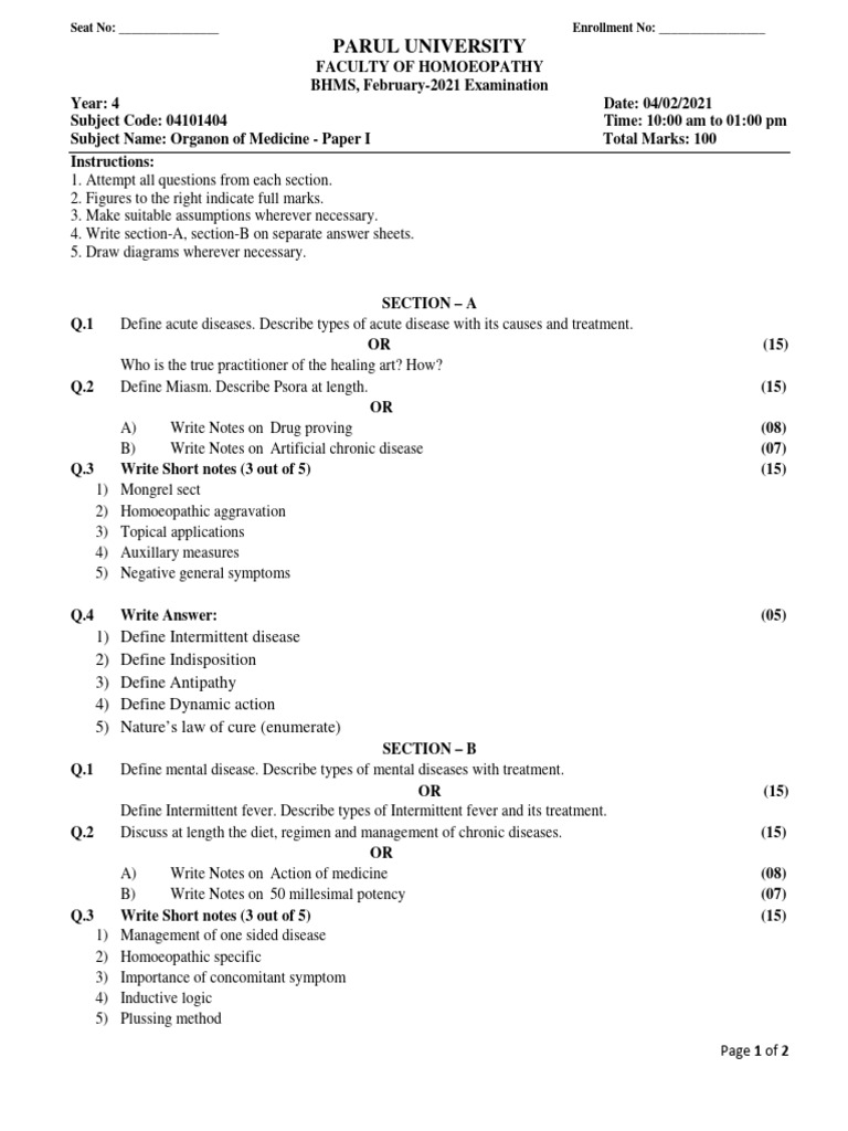 2674 Question Paper PDF Homeopathy Medicine