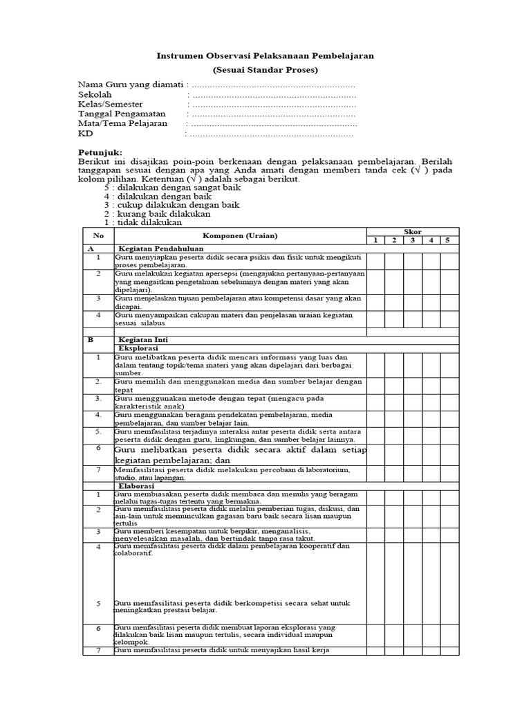 Format Instrumen Observasi Pembelajaran | PDF