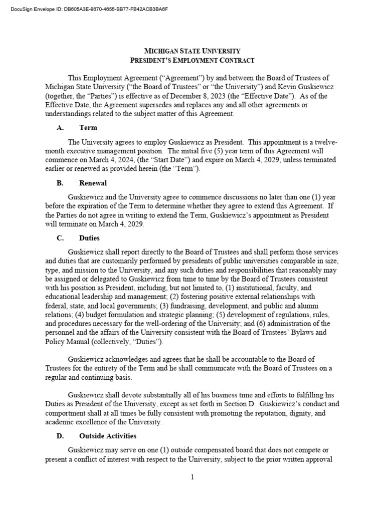 MSU President Guskiewicz Contract Details | PDF | Arbitration | Mediation