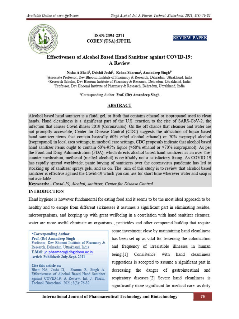 Effectiveness of Alcohol Based Hand Sanitizer PDF Disinfectant