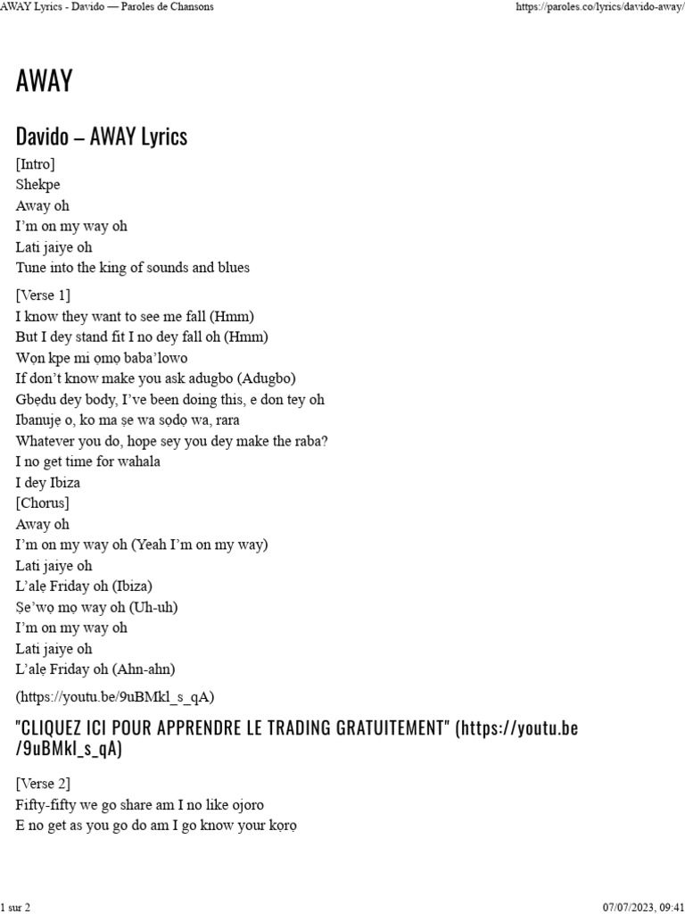 Away Lyrics Davido Paroles De Chansons Pdf