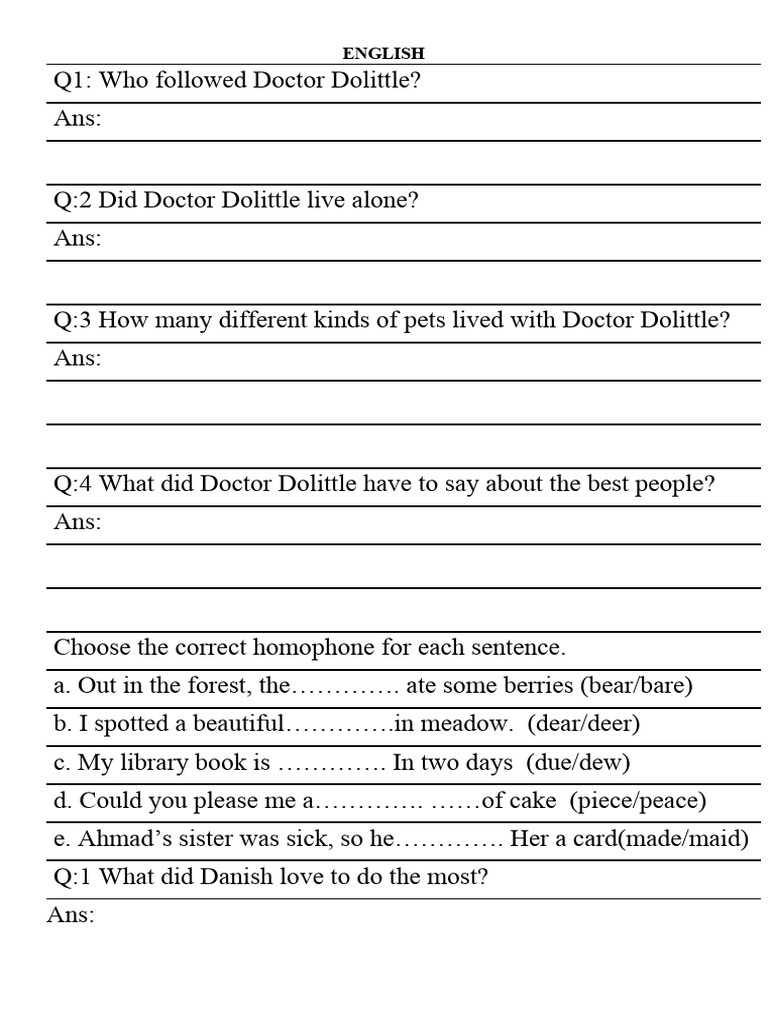 English Class 4 Test PDF