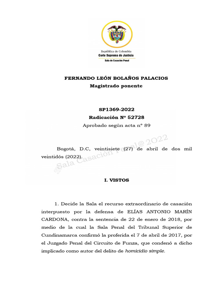 Sentencia Corte Suprema de Colombia SP1369-2022 (52728) IMPUTACIÓN