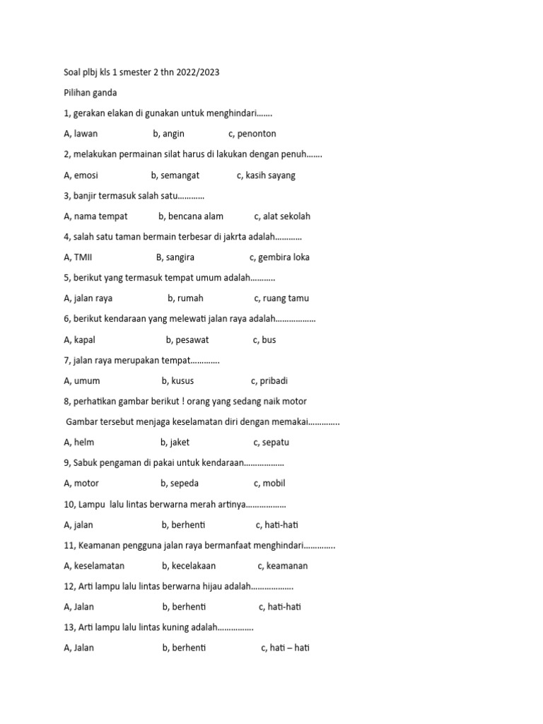 Soal Plbj Kls 1 Smester 2 Thn 2022 Pdf