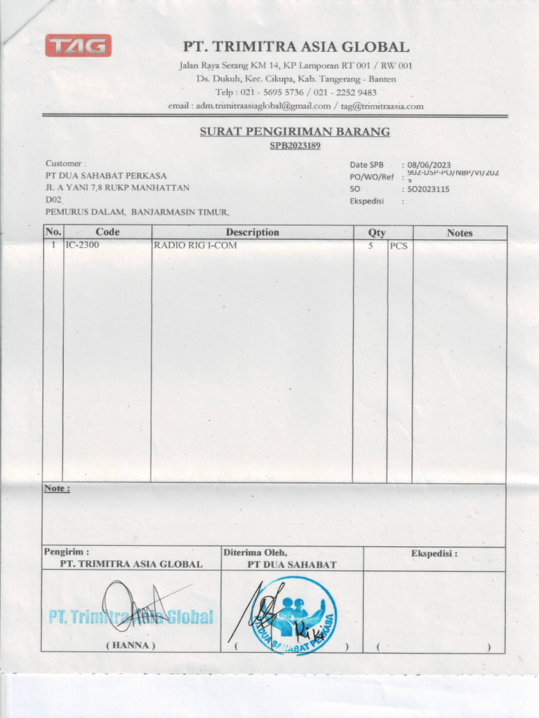 (Tag) Surat Pengiriman Barang Radio Rig Icom Ic-2300h | PDF