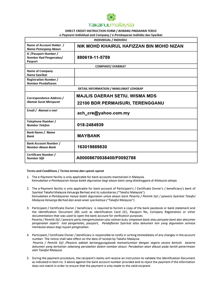 Direct Credit Form - Suami | PDF