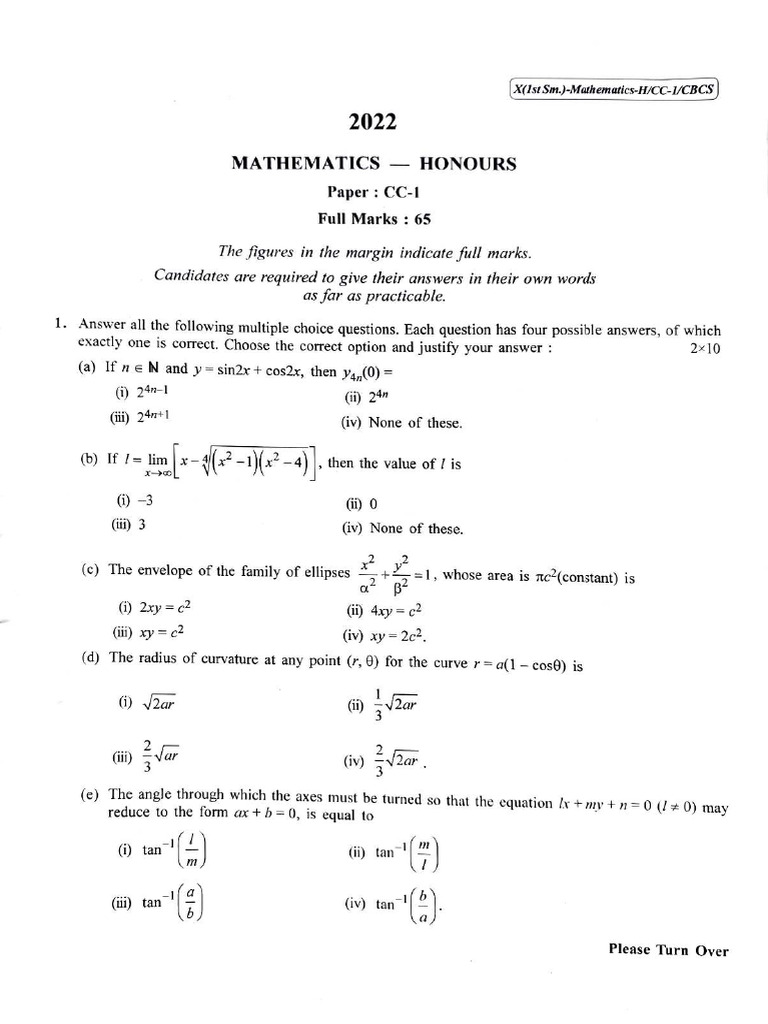 CU-2022 B.sc. (Honours) Mathematics Semester-1 Paper-CC-1 QP - Copy ...