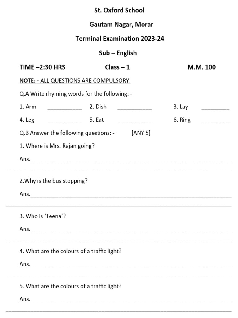 First Class Syllabus For Class 1 English