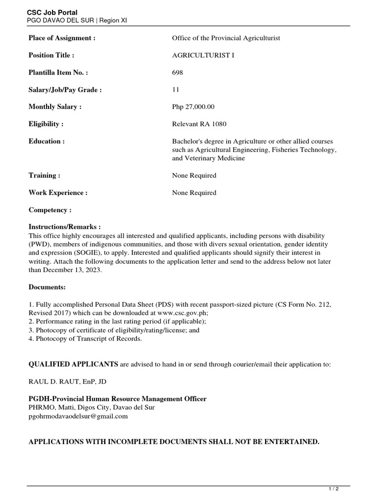Pgo Davao Del Sur-Agriculturist I | PDF