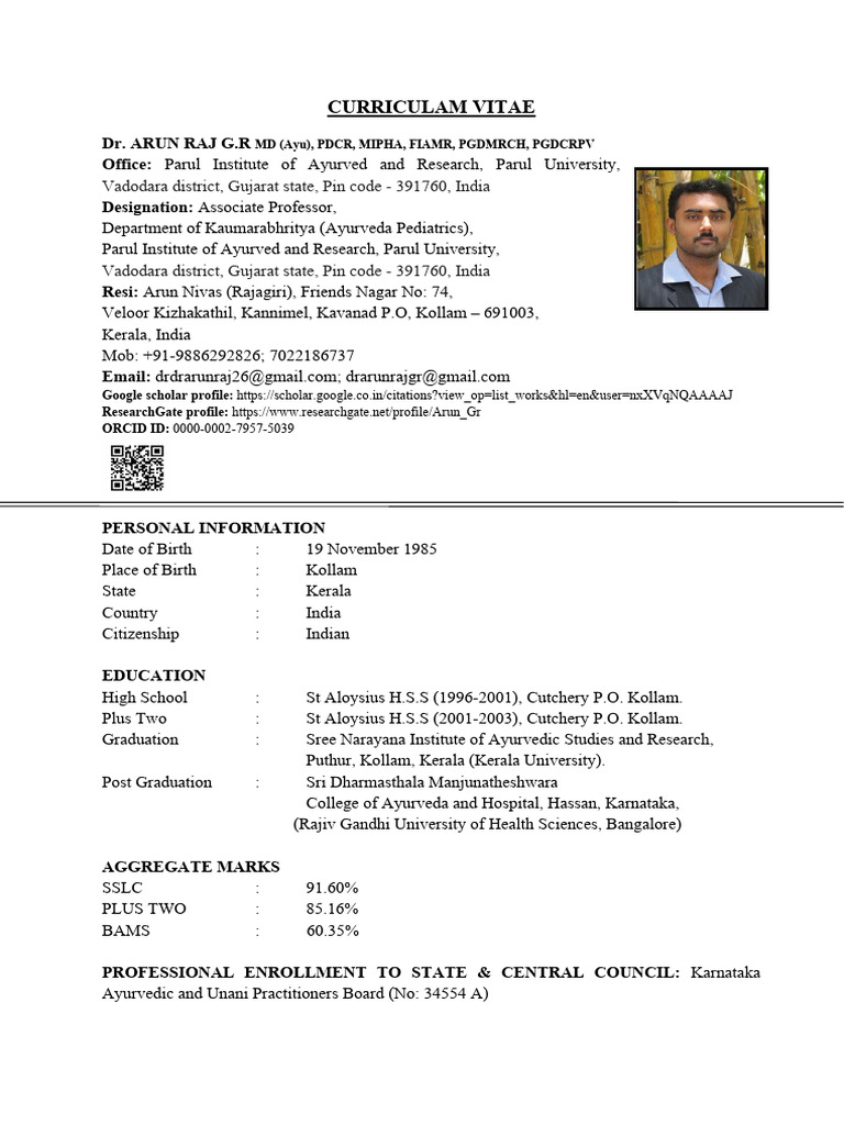 Dr. Arun Raj G.R: Ayurvedic Pediatrician CV | PDF | Ayurveda | Medicine
