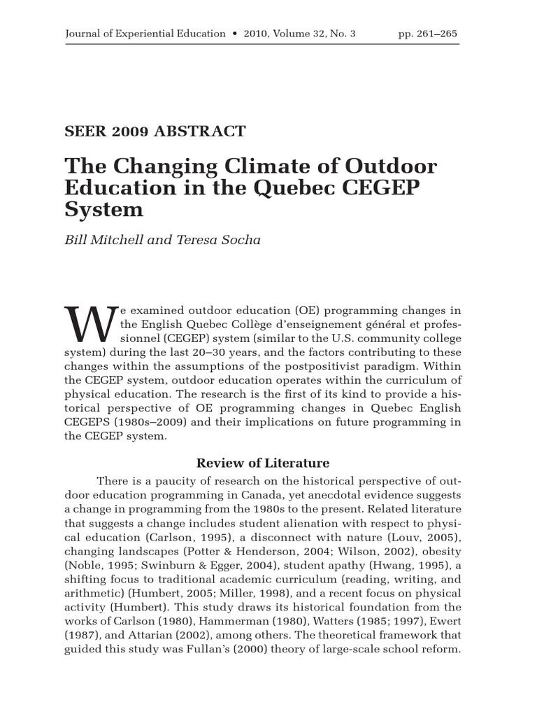 The Changing Climate of Outdoor Education in The Quebec CEGEP System ...