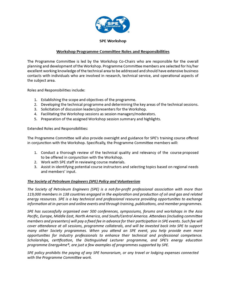 SPE Workshop Roles Responsibilities Programme Committee | PDF