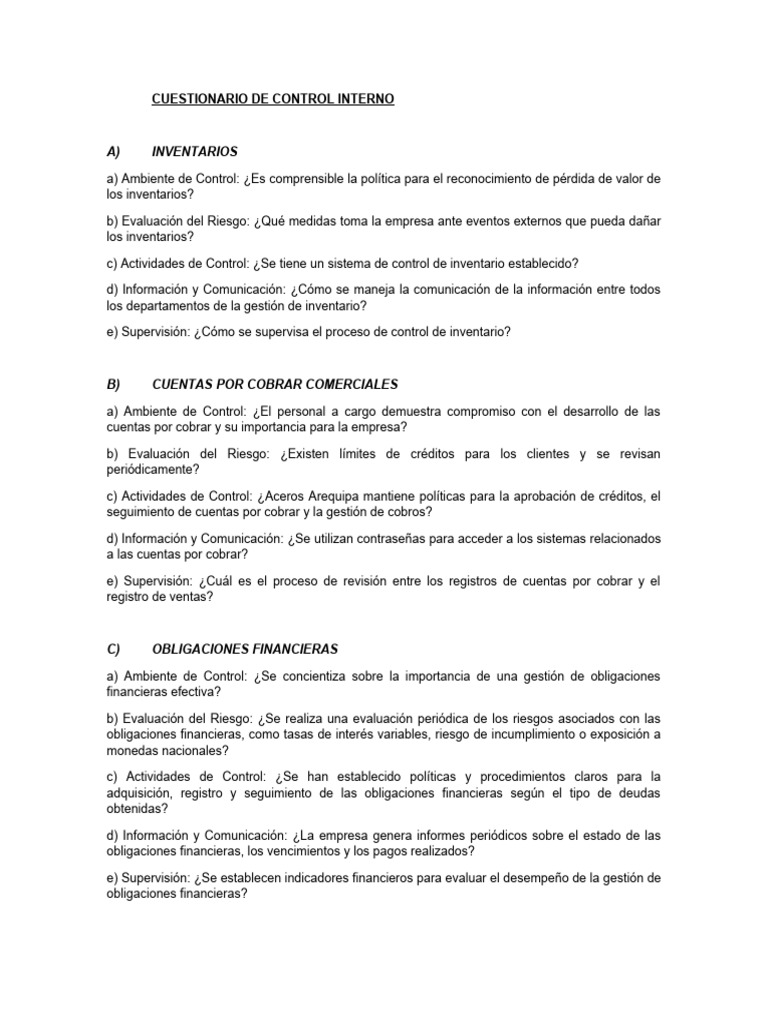 Cuestionario de Control Interno COSO III | PDF | Inventario | Business