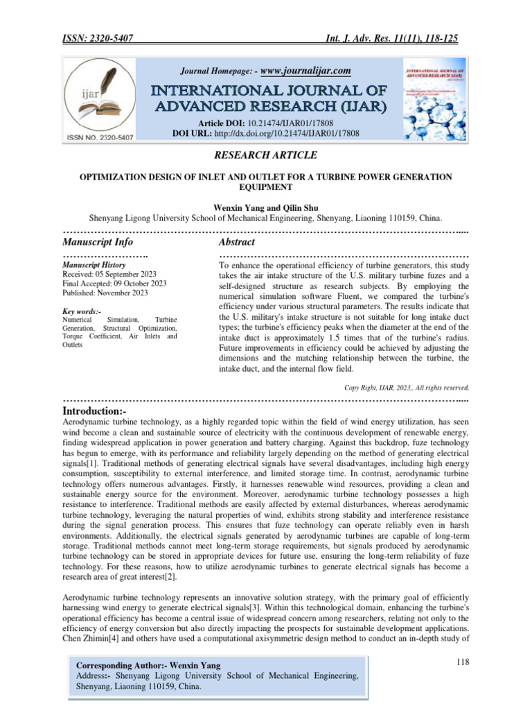 OPTIMIZATION DESIGN OF INLET AND OUTLET FOR A TURBINE POWER GENERATION ...