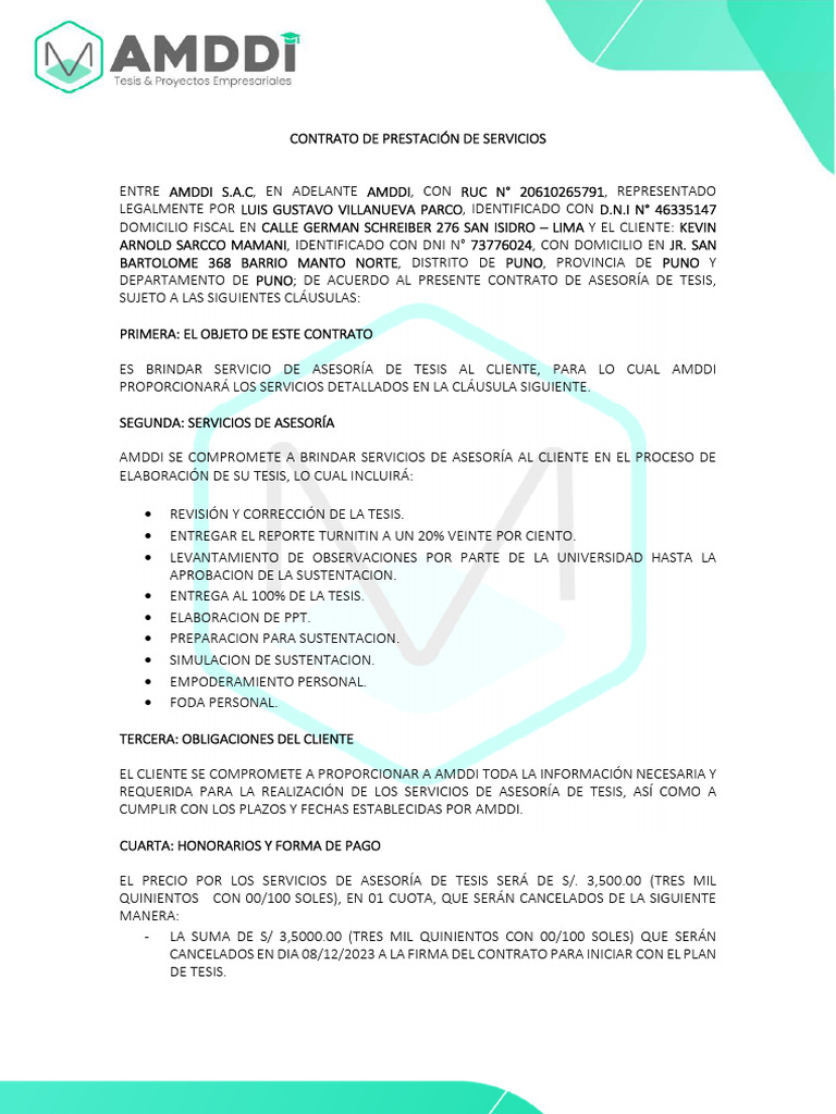 Contrato Tesis y Proyectos Empresariales Amddi - Kevin Arnold Sarcco ...