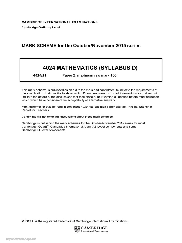 4024 mathematics syllabus d mark scheme for the october november