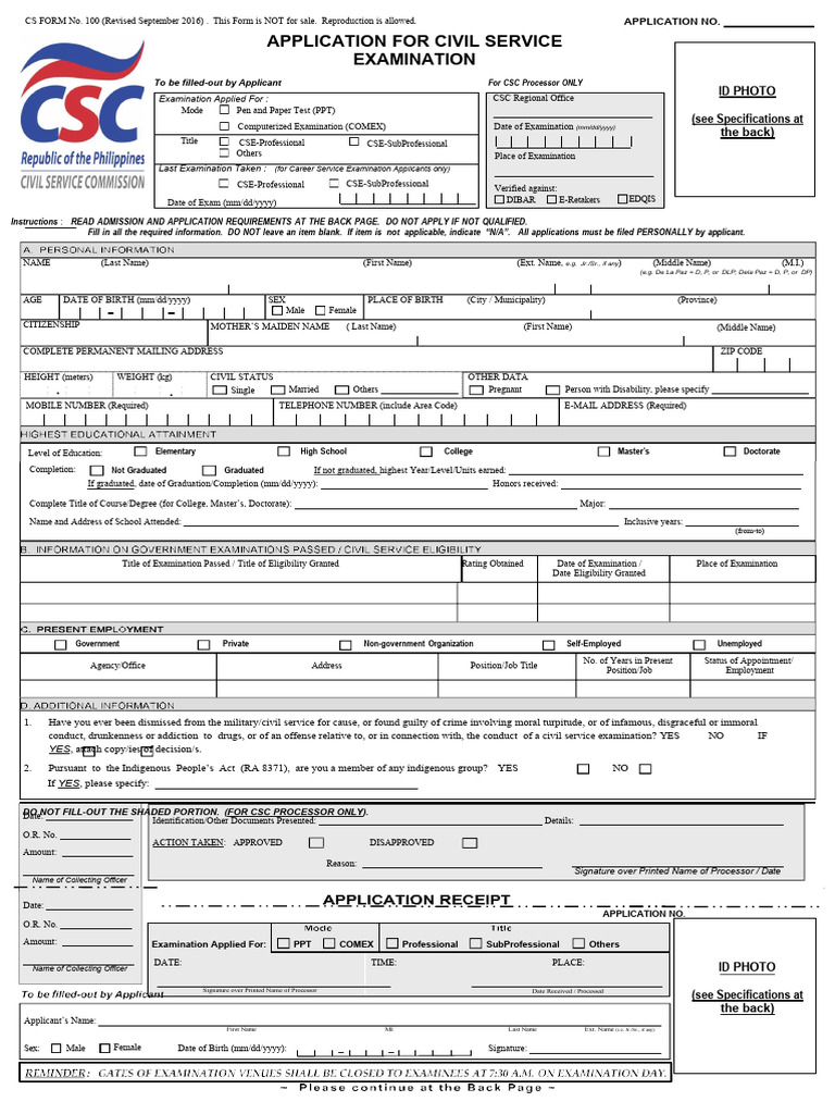 Civil service examination form no 100 revised september 2016 pdf