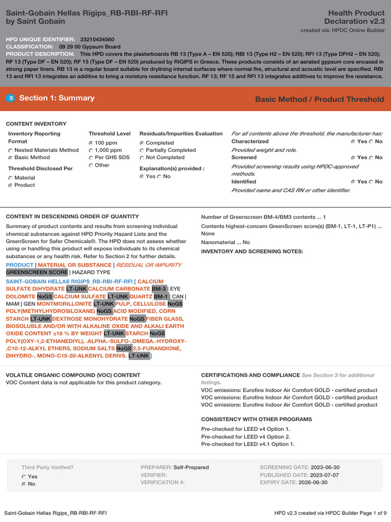 Health Product Declaration Rigips RB - RBI - RF - RFI - 1 | PDF ...