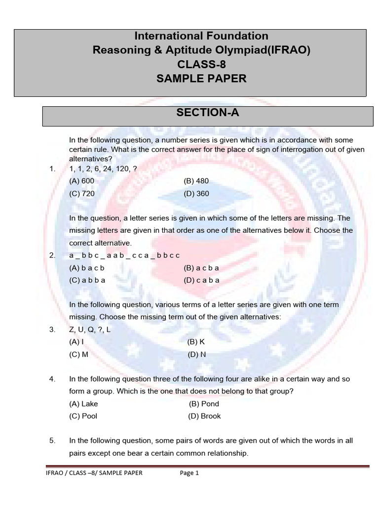 Sample Paper Class - 8 | PDF | Question