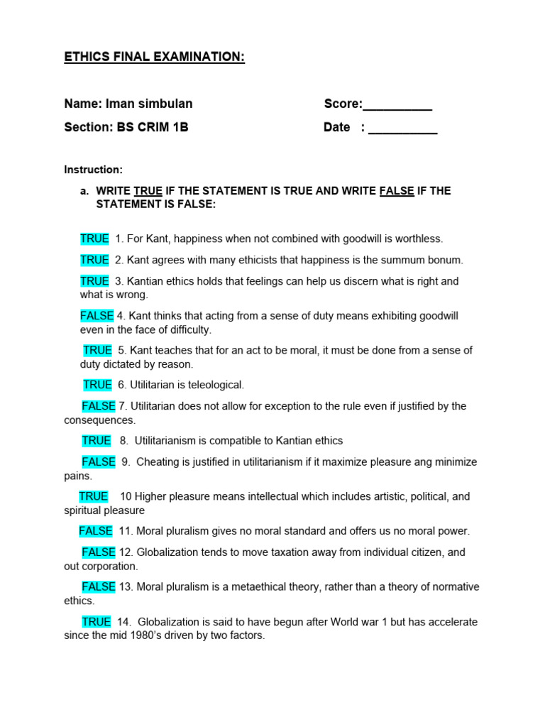 Ethics Final Examination Pdf Utilitarianism Ethical Theories