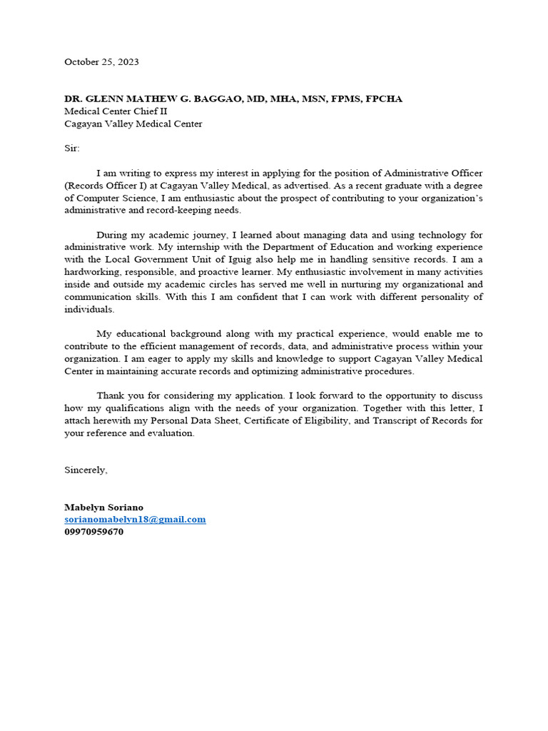 Application Letter CVMC | PDF