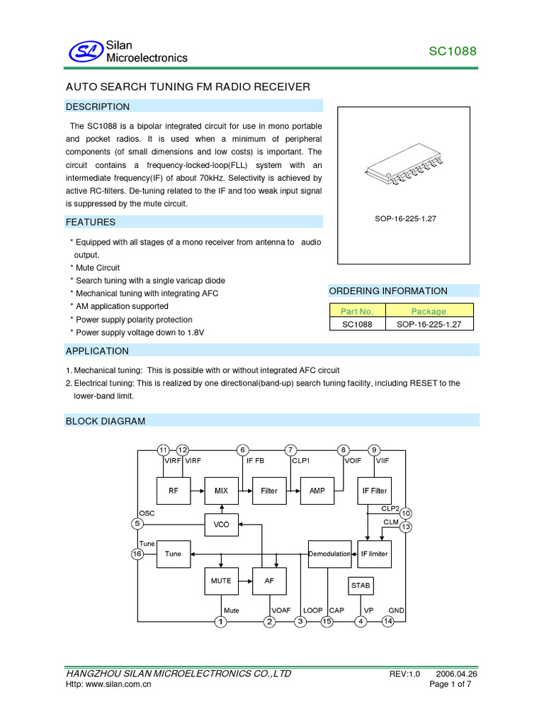 SC1088 FM Radio Receiver IC Overview | PDF | Power Supply | Information ...