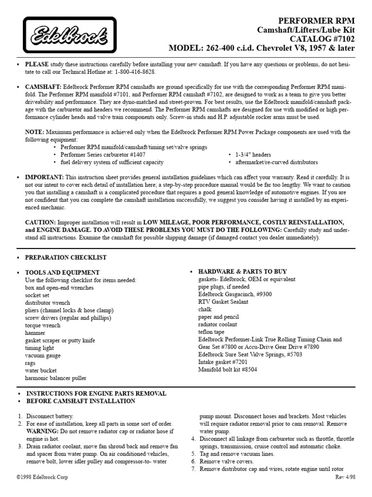 Edelbrock Camshaft 7102 PDF Internal Combustion Engine Vehicles