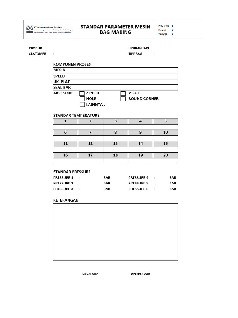 Check sheet parameter bag making pdf