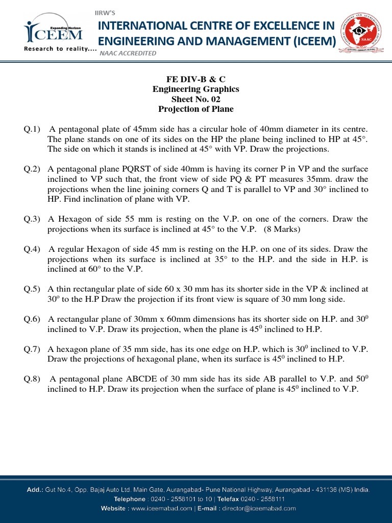 EG Sheet 2 Projection of Plane | PDF