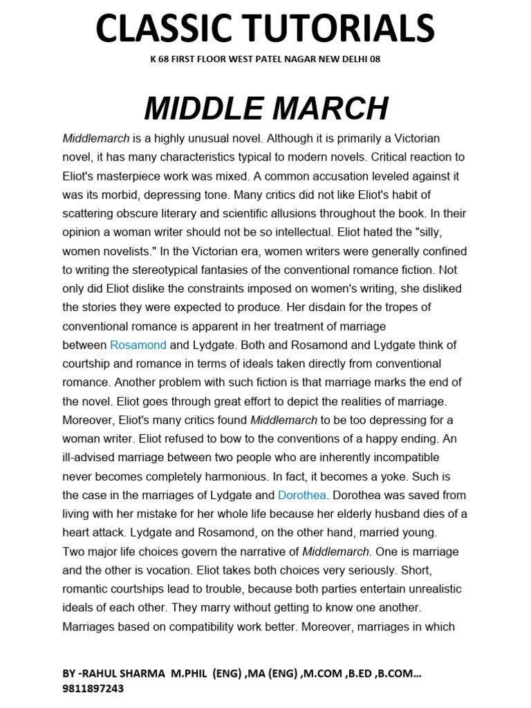 Middle March: Middlemarch Is A Highly Unusual Novel. Although It Is ...