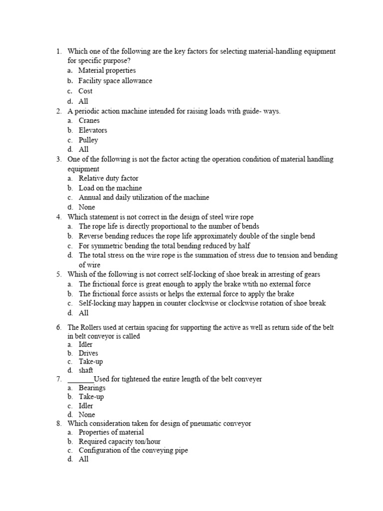 Material Handling Equipment Model Exam PDF