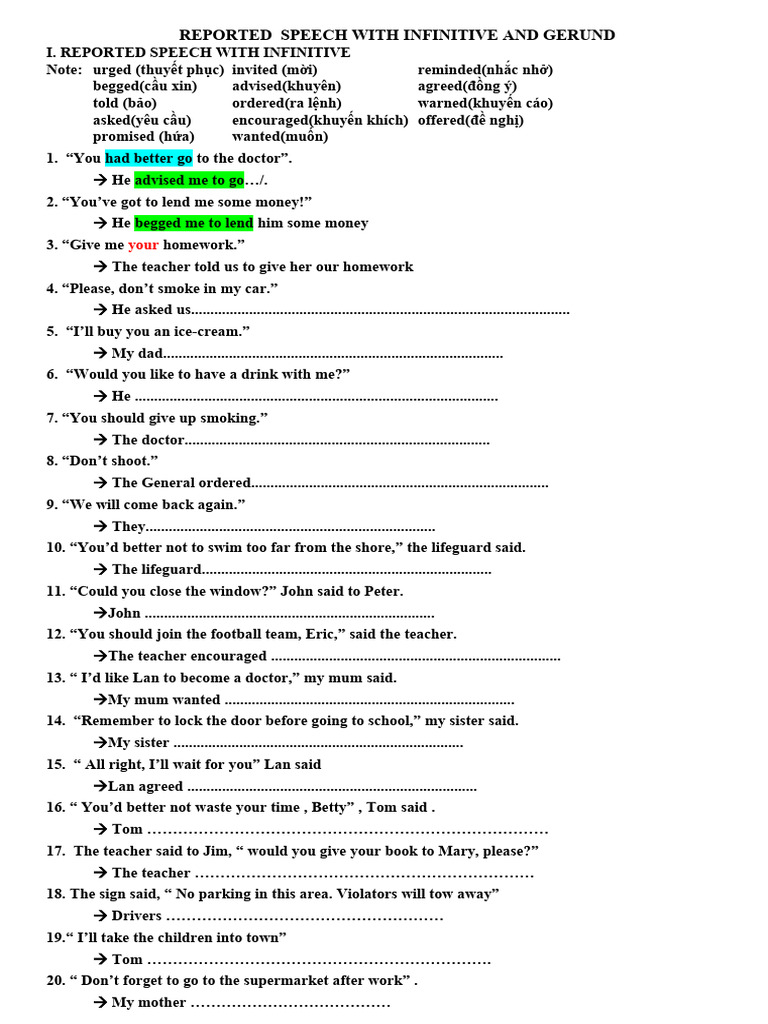 Reported speech with infinitive and gerund key pdf