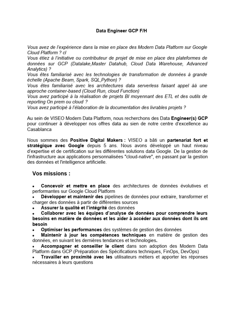 Ingénieur Data GCP chez VISEO | PDF | Cloud computing | Connaissances