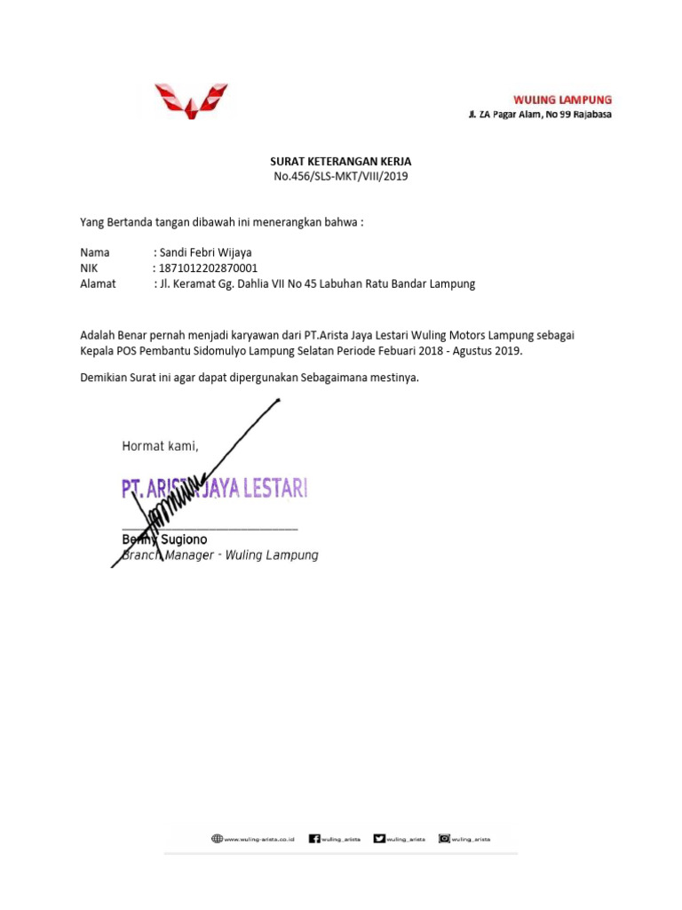 Surat Keterangan Kerja Sandi Wijaya | PDF