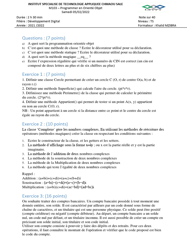 Programmation Orientée Objet : Cours et Exercices | PDF