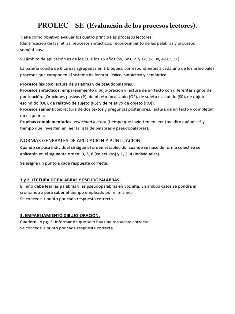 Evaluación PROLEC-SE de Procesos Lectores | PDF | Lingüística