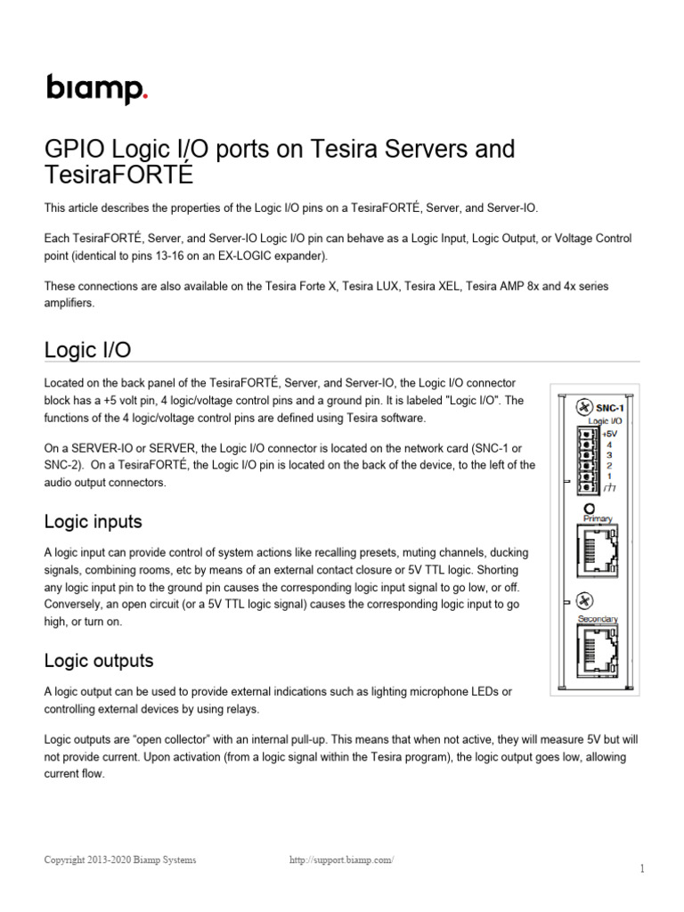 GPIO Logic I O Ports On Tesira Servers and TesiraFORTÉ PDF Logic