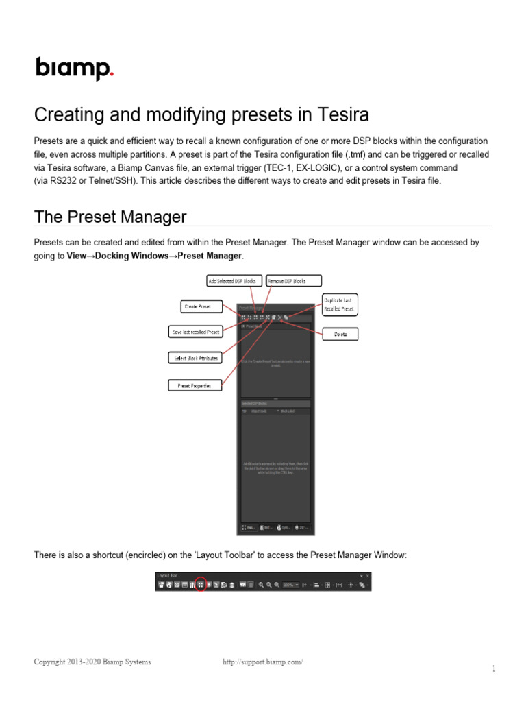 Creating and modifying presets in Tesira PDF Menu
