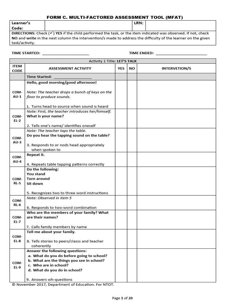 Grade 1 MFAT Assessment Tool Form C | PDF | Learning | Conversation