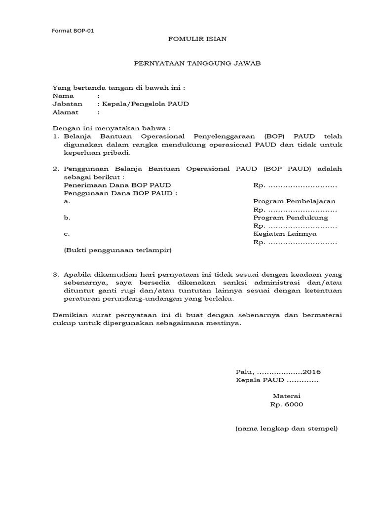 Format Laporan Penggunaan BOP PAUD | PDF