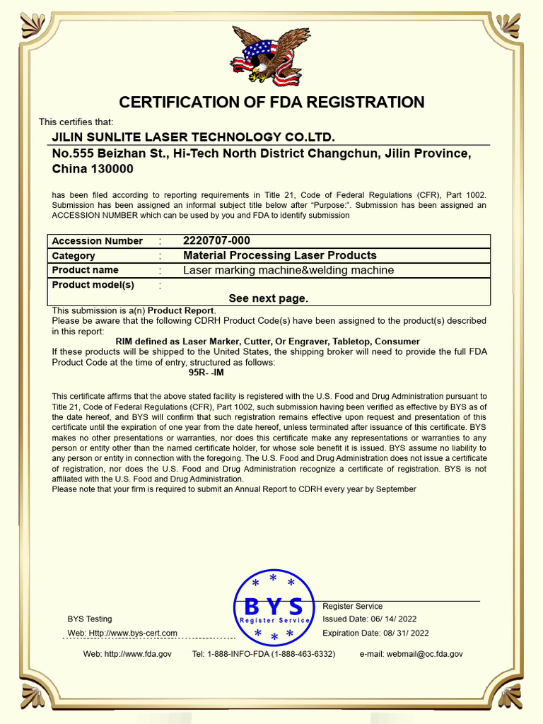 FDA Registration Certification for Lasers | PDF