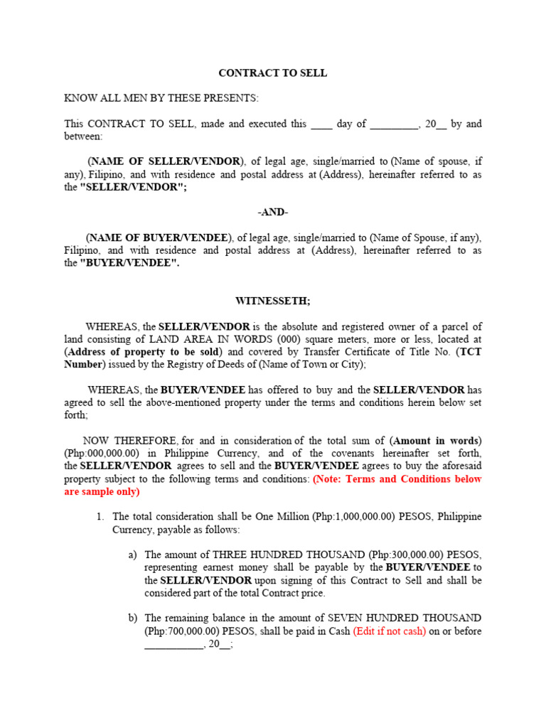Contract to sell with earnest money sample pdf
