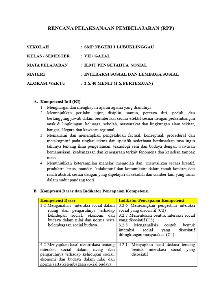 Contoh RPP Interaksi Sosial SMP | PDF
