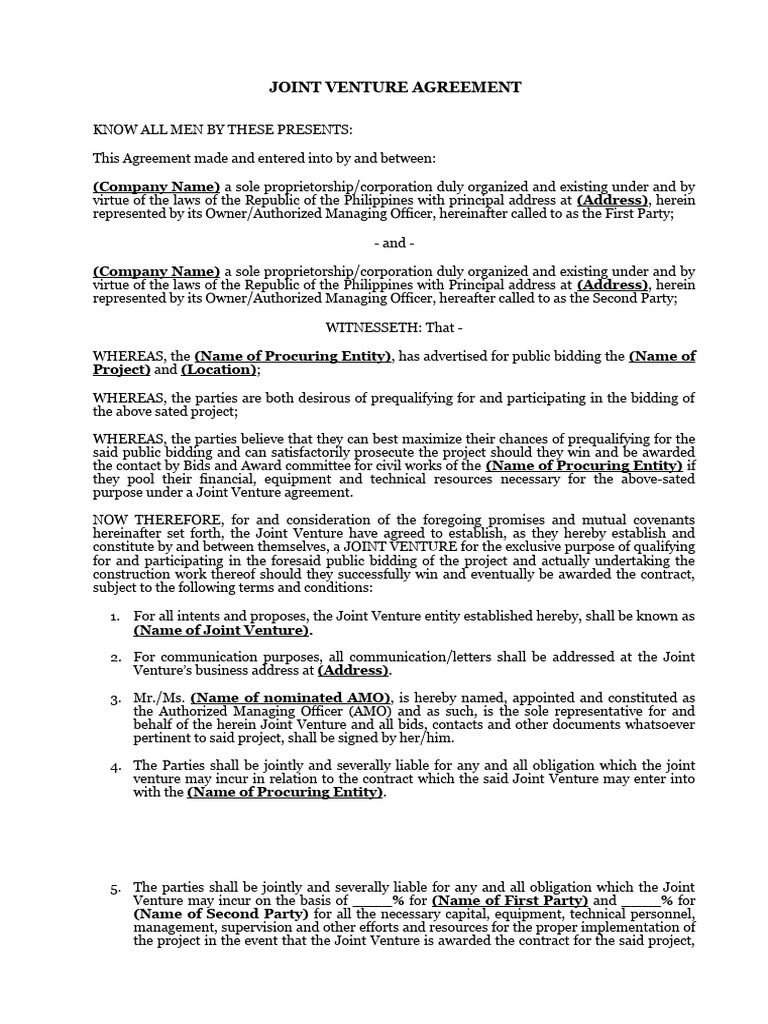 Joint Venture Agreement for Construction | PDF | Joint Venture | Business