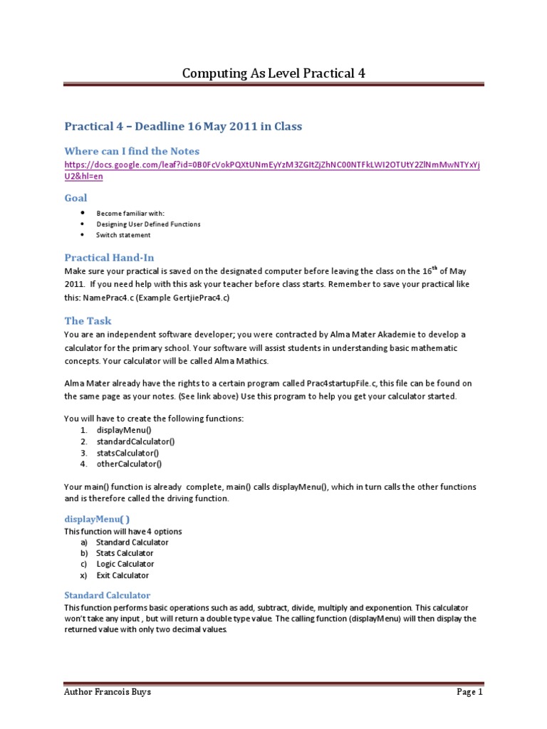 Computing As Level Practical 4: Practical 4 - Deadline 16 May 2011 in ...